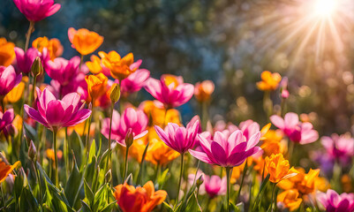 Fototapeta premium Sunny spring field: Vibrant flowers under the sun