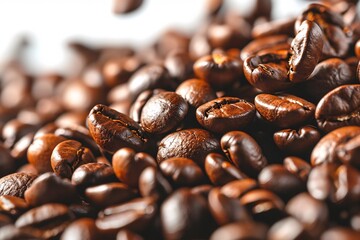 Close-up of isolated coffee beans flying through the air on a white backdrop.