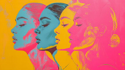 
Three painted models profile view, in style of bold outlines, flat pastel colors with flowers, springtime pencil sketches, light yellow and pastel pink, space age