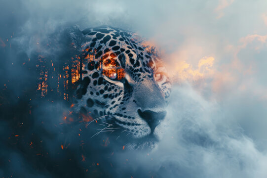 tiger and forest on fire double exposure protect forest with copy space