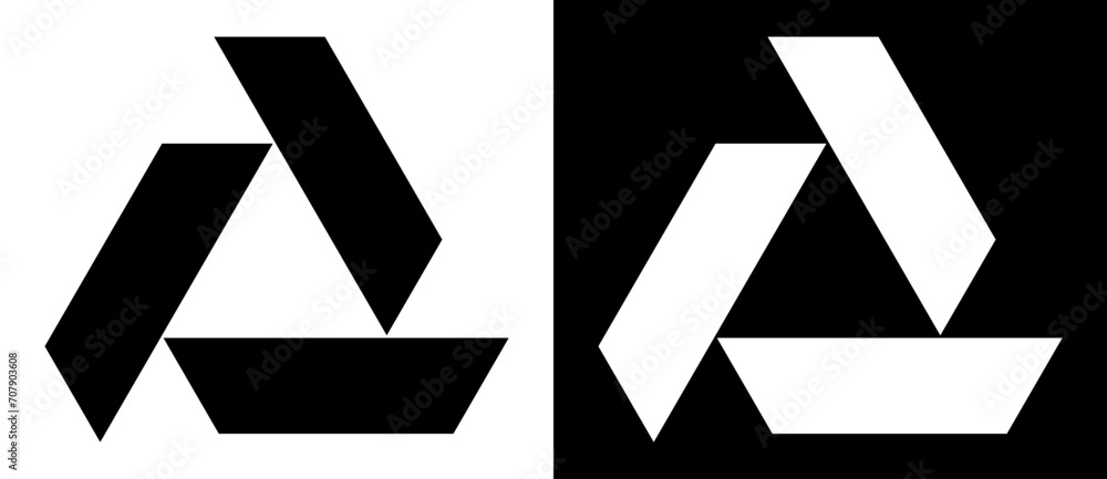 Aufkleber Triangle with 3 trapezium as logo, icon or design element. Black shape on a white background and the same white shape on the black side.
