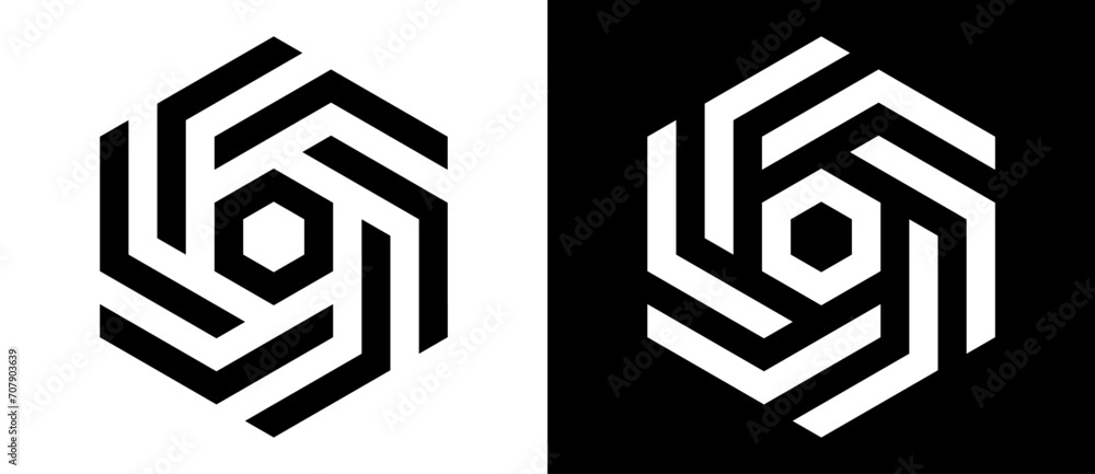 Aufkleber hexagon shape with linear dynamic elements. abstract geometric art line background, logo or tattoo. 