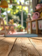 A vacant wooden table on a hazy background of a child's playroom with children's playthings on display.