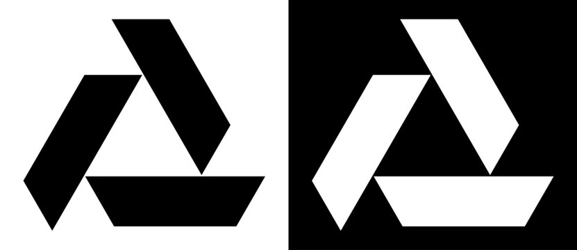 Triangle with 3 trapezium as logo, icon or design element. Black shape on a white background and the same white shape on the black side.