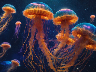 Glowing jellyfish swim deep in blue sea. Medusa neon jellyfish fantasy in space cosmos among stars - generated by ai