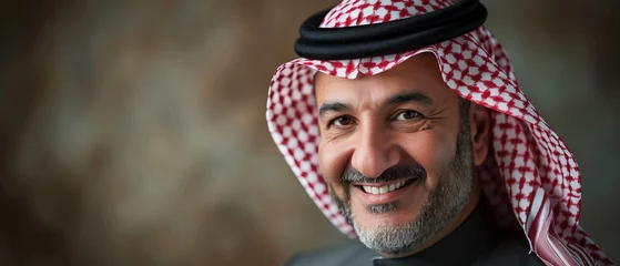 Fotobehang Senior business man from Saudi Arabia wearing hijab smiling and looking at camera © Alvaro