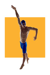 Muscular young man, swimmer in cap showing swimming techniques, training over white background with...