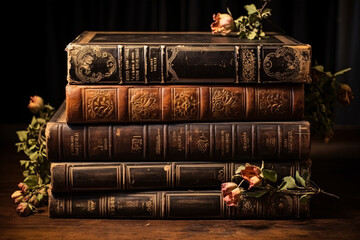 An assemblage of aged tomes with weathered hide bindings, displaying the appeal of antique literature and wisdom. - obrazy, fototapety, plakaty