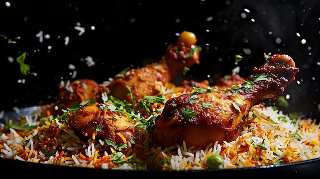 Savory Indian chicken biryani with flavorful spices, captured in a stunning food photograph against a dark backdrop.