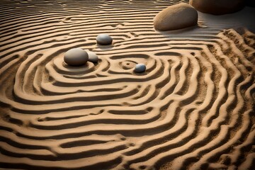 A tranquil Zen garden with meticulously raked sand and carefully placed stones, symbolizing mindfulness and inner peace.