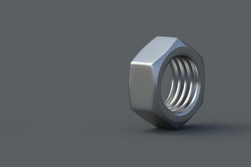 One metal nut on black background. Construction materials. Industrial equipment. Tools in the workshop. Copy space. 3d render