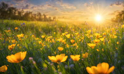 Obraz premium Sunny spring field: Vibrant flowers under the sun