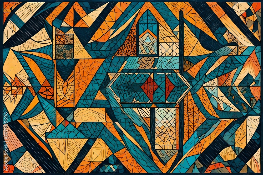 Poster a series of abstract geometric shapes and patterns, illustrating the interconnectedness and complexi