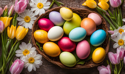 Fototapeta na wymiar Easter elegance: Still life with eggs and flowers