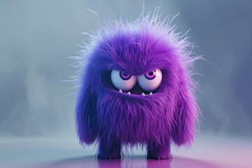 Cute purple or violet furry monster 3D cartoon character - obrazy, fototapety, plakaty