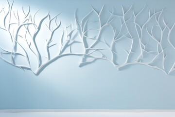 Blue empty wall with white dry branches as décor for your text or product product presentation with copy space, room mockup, brown parquet floor