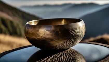 a close-up view of a Tibetan singing bowl, capturing the nuanced contours and reflective surfaces that make this Himalayan bowl a work of art.
 - obrazy, fototapety, plakaty