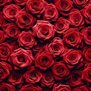 A full-frame photo of red roses for Valentine's Day without any green leaves. The image is filled with vibrant red rose petals, closely packed together