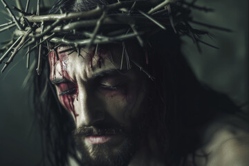 Mesmerizing Jesus Christ wearing crown of thorns Passion and Resurection.