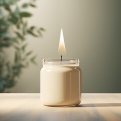Minimalist burning wax candle in clear glass jar, candle jar mockup closeup shot, Generative AI