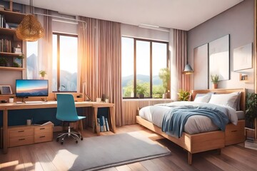 Naklejka na ściany i meble Teenager bedchamber. Bright cozy adolescent bedroom with bed and desk workplace beautiful view