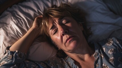 Naklejka premium An anxious middle-aged woman in distress, reclining on her bed at home, weeping due to emotional turmoil, mental anguish, and a recent separation, feeling disheartened and isolated.