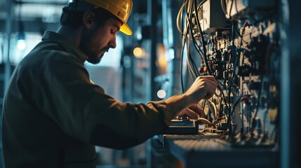 An electrical engineer checks electrical installations and wiring on protective relays. Created with Generative Ai technology.