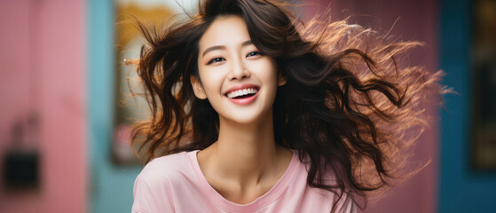 Beautiful smiling asian woman in pink t-shirt with flying hair - obrazy, fototapety, plakaty