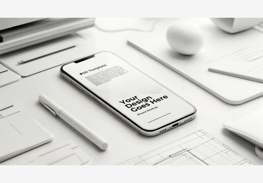 Phone Mockup Template Screen: White Desk with Office Supplies Including Mouse, Keyboard, and Phone for Stock Images