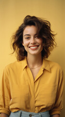 Fototapeta premium Portrait of smiling young woman in yellow shirt, isolated on yellow