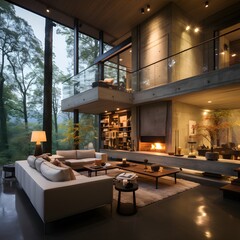 Stylish contemporary house with cement interior and living room with fireplace

