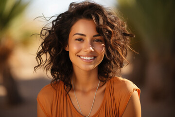 Close up portrait of a beautiful young woman with curly hair smiling outdoors - obrazy, fototapety, plakaty