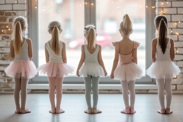 Group of little girl dancing ballet in a dance studio - obrazy, fototapety, plakaty