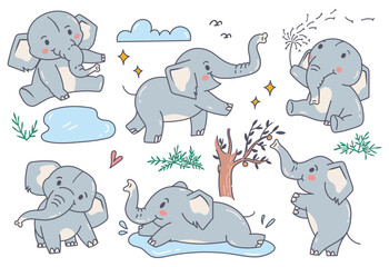 Obraz na płótnie Canvas set of cute elephant cartoon character
