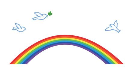 白鳩の舞うカラフルな虹のアーチ　イラスト