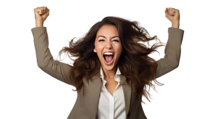 Foto op Plexiglas Beautiful young businesswoman very excited, cheerful, successful, isolated on transparent background, Generative ai © The Deep Designer