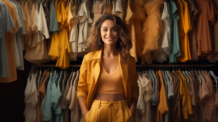 Naklejka premium a woman in a closet. A woman stands in a dressing room against a backdrop of clothes racks