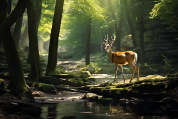 Deurstickers deer in the woods © mical