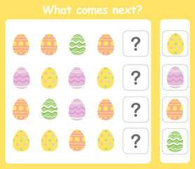 What comes next? Educational logic game for kids with cute egg illustration. Worksheet for children.	