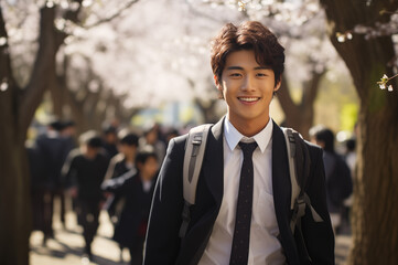 桜並木を歩く男子高校生