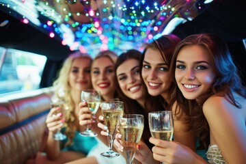 Girls having a party in a stretch limousine.