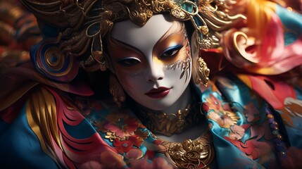 Elaborate costume adorned with vibrant floral patterns and gold accents