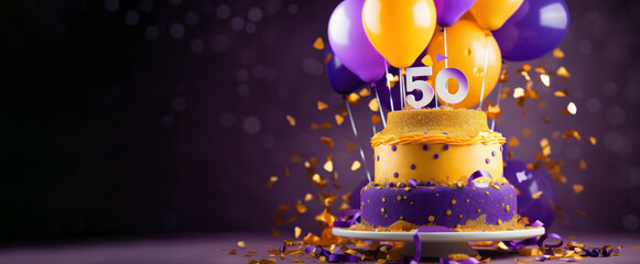 Celebratory cake with candles for birthday, anniversary 50 years, corporate event on a purple...