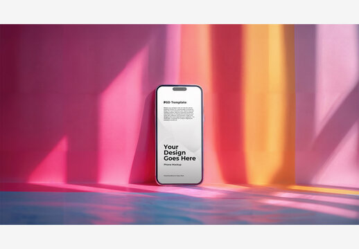 Colorful Rainbow Phone Mockup Template Screen on Pink, Blue, Yellow, Purple, Red, and Green Walls with White, Red, Yellow, and Blue Background - Stoc
