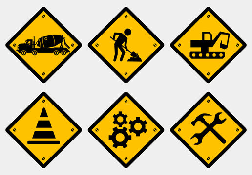 under construction warning sign for home and building icon set bundle pictogram printable signs poster template design