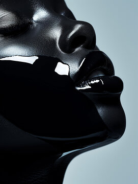 Close-up of a black woman's face with a glassy liquid on her skin. The beauty of the African American people for the Black History Month. 