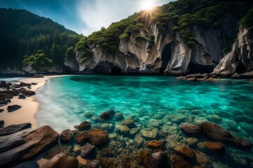 A secluded beach cove with crystal clear blue water, surrounded by towering cliffs, and the sound of waves gently lapping against the shore. - obrazy, fototapety, plakaty