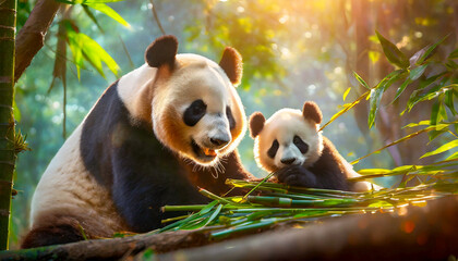 Close-up of a giant panda bear with a cub eating bamboo in a green forest. Generative Ai.