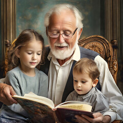 Dziadek czytający wnukom książkę - obrazy, fototapety, plakaty
