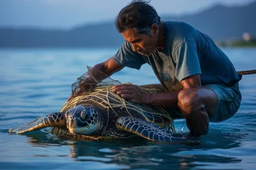 Fotobehang Marine life, saving a sea turtle from a fishing net, showcasing the human kinds for the sea animal life.  © Tharaka